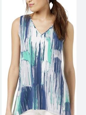 Alfani SZ L Sleeveless V-Neck Brushstroke Print Top in Navy & Mint